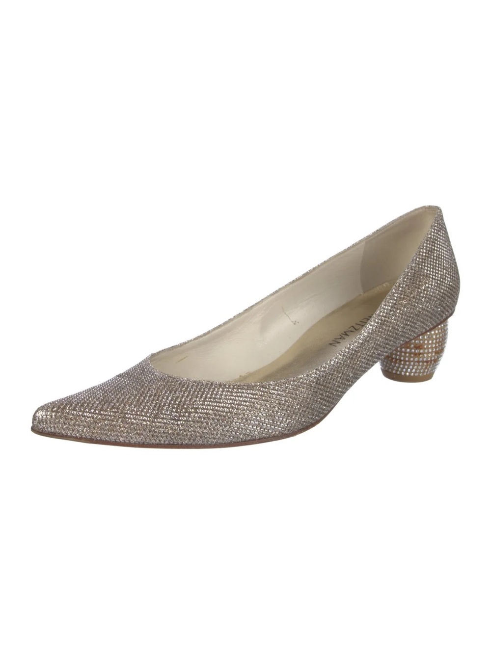 Stuart Weitzman Glitter Pointed Toe Low Block Heel Pump - Champagne Gold